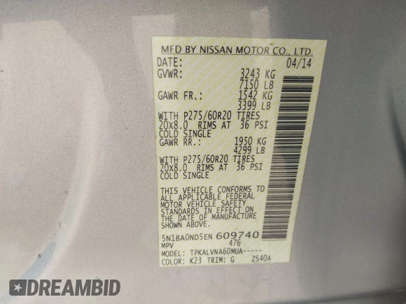 2014 Nissan Armada Platinum z VIN 5N1BA0ND5EN609740, wystawiony jako IAAI lot #42308325 z przebiegiem 197 675 mil mil oraz . Historia ofert i sprzedaży dostępna na DreamBid. Obrazek 9.