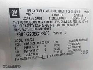2009 Chevrolet Avalanche LT w/2LT with VIN 3GNFK22089G158390, listed as a IAAI auction lot 41868477 with 174,405 mi miles. Bid and sale history available at carsss.com. Image 9.