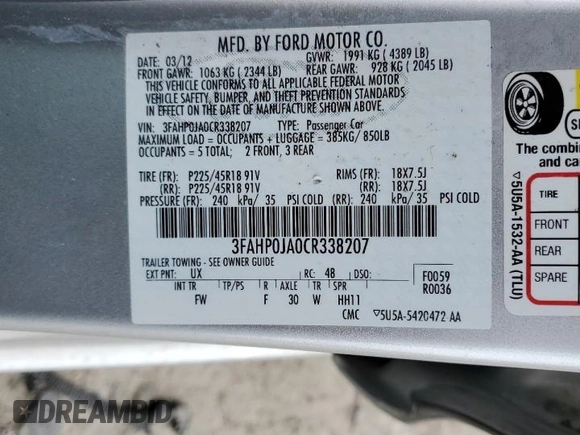 2012 Ford Fusion SEL with VIN 3FAHP0JA0CR338207, listed as a Copart auction lot 51502495 with 97,904 mi miles and Salvage Title. Bid and sale history available at carsss.com. Image 12.