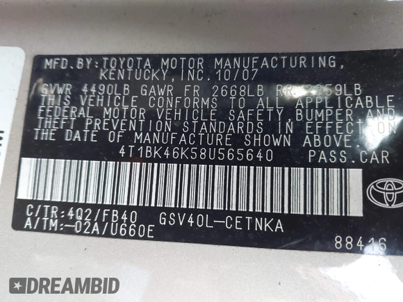 2008 Toyota Camry LE z VIN 4T1BK46K58U565640, wystawiony jako IAAI lot #42402223 z przebiegiem 147 181 mil mil oraz . Historia ofert i sprzedaży dostępna na DreamBid. Obrazek 9.