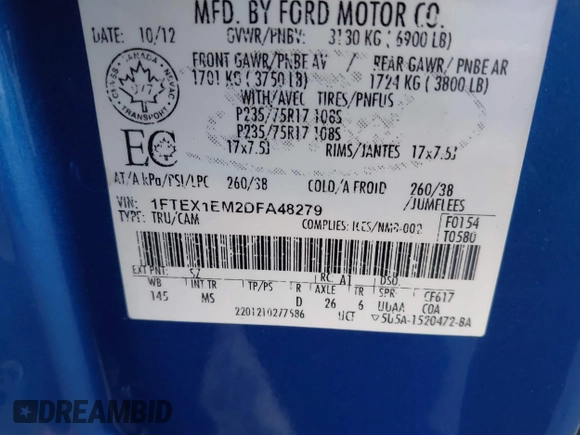 2013 Ford F-150 XL с VIN 1FTEX1EM2DFA48279, выставлен на аукционе IAAI как лот 40549764 с пробегом 360 287 миль миль и . История ставок и продаж доступна на DreamBid. Изображение 9.