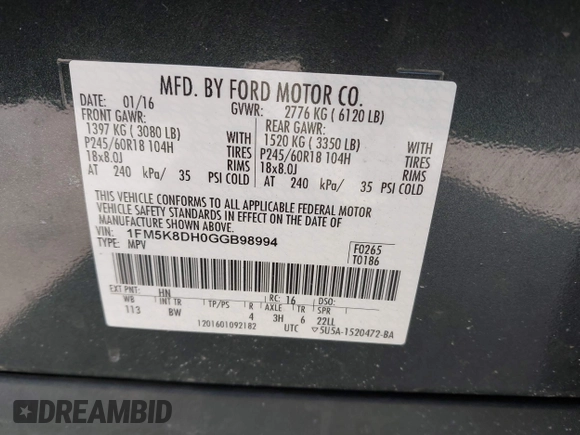 2016 Ford Explorer XLT with VIN 1FM5K8DH0GGB98994, listed as a IAAI auction lot 41644992 with 146,637 mi miles and . Bid and sale history available at DreamBid. Image 9.