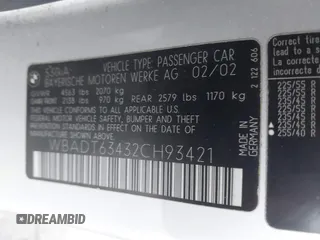 2002 BMW 5 Series 530iA with VIN WBADT63432CH93421, listed as a IAAI auction lot 42046776 with Not Provided miles. Bid and sale history available at carsss.com. Image 9.