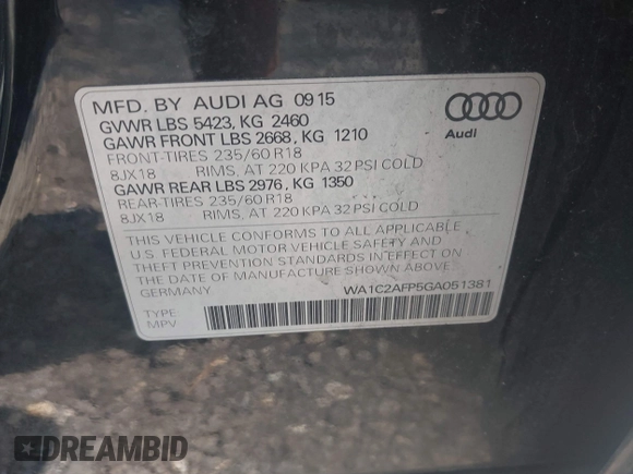 2016 Audi Q5 Premium z VIN WA1C2AFP5GA051381, wystawiony jako IAAI lot #42559055 z przebiegiem 132 841 mil mil oraz . Historia ofert i sprzedaży dostępna na DreamBid. Obrazek 9.