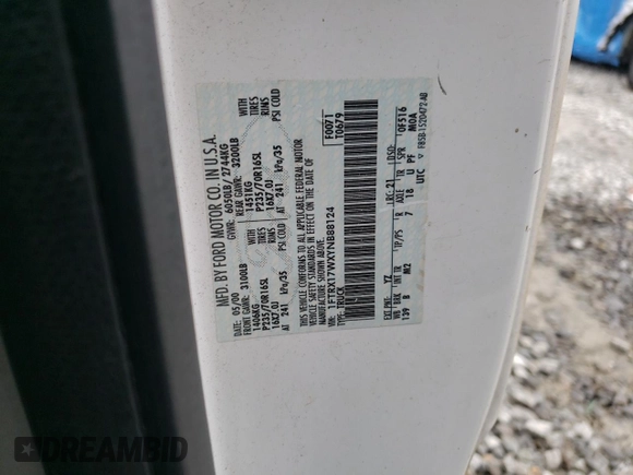 2000 Ford F-150 XL z VIN 1FTRX17WXYNB88124, wystawiony jako Copart lot #43602225 z przebiegiem Nie podano mil oraz Szkoda całkowita • Salvage title. Historia ofert i sprzedaży dostępna na DreamBid. Obrazek 12.
