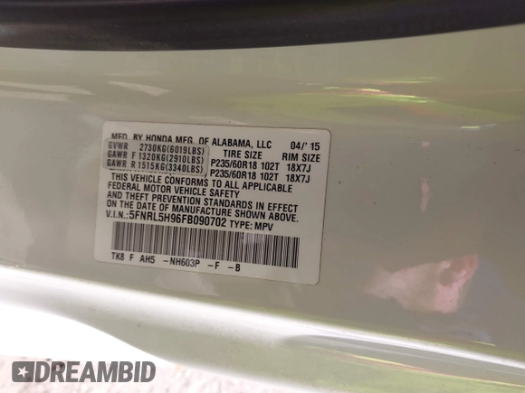 2015 Honda Odyssey Touring Elite with VIN 5FNRL5H96FB090702, listed as a IAAI auction lot 41825889 with 118,157 mi miles and . Bid and sale history available at DreamBid. Image 9.