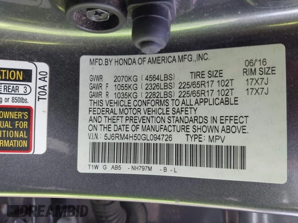 2016 Honda CR-V EX with VIN 5J6RM4H50GL094726, listed as a IAAI auction lot 42036920 with 116,300 mi miles and . Bid and sale history available at DreamBid. Image 9.