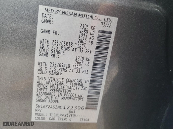 2022 Nissan Murano S with VIN 5N1AZ2AS2NC122396, listed as a Copart auction lot 74140754 with 45,524 mi miles and Non Repairable. Bid and sale history available at carsss.com. Image 14.