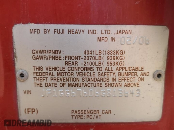 2006 Subaru Impreza i с VIN JF1GG67606G813643, выставлен на аукционе Copart как лот 61413275 с пробегом 400 864 миль миль и Списание • Salvage title. История ставок и продаж доступна на DreamBid. Изображение 12.