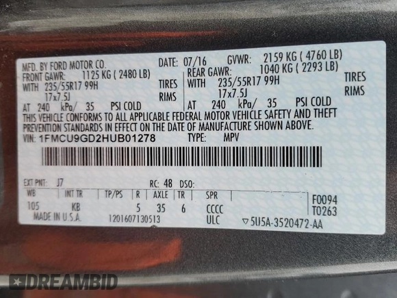 2017 Ford Escape SE with VIN 1FMCU9GD2HUB01278, listed as a Copart auction lot 83115634 with 112,753 mi miles and Clean Title. Bid and sale history available at carsss.com. Image 14.