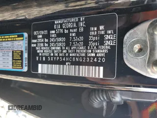 2022 Kia Telluride SX with VIN 5XYP54HC8NG232420, listed as a Copart auction lot 51041515 with 44,100 mi miles and Salvage title. Bid and sale history available at DreamBid. Image 14.