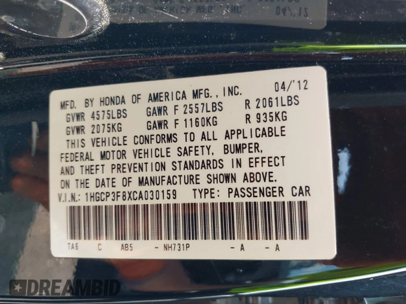 2012 Honda Accord EX-L z VIN 1HGCP3F8XCA030159, wystawiony jako IAAI lot #42259367 z przebiegiem 129 022 mil mil oraz . Historia ofert i sprzedaży dostępna na DreamBid. Obrazek 9.