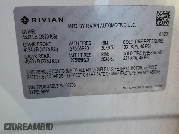 2023 Rivian R1S Launch Edition with VIN 7PDSGABL3PN003708, listed as a Copart auction lot 71564604 with Not Provided miles and Salvage Title. Bid and sale history available at carsss.com. Image 13.