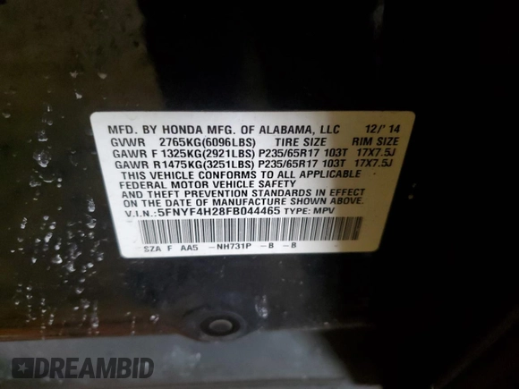 2015 Honda Pilot LX with VIN 5FNYF4H28FB044465, listed as a Copart auction lot 45583235 with 149,082 mi miles and Salvage Title. Bid and sale history available at DreamBid. Image 15.