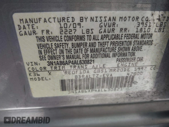 2010 Nissan Sentra S z VIN 3N1AB6AP4AL630821, wystawiony jako IAAI lot #42326350 z przebiegiem 160 152 mil mil oraz . Historia ofert i sprzedaży dostępna na DreamBid. Obrazek 9.