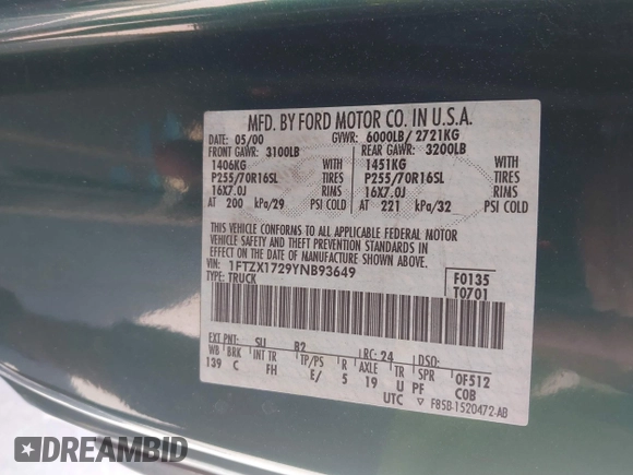 2000 Ford F-150 XL with VIN 1FTZX1729YNB93649, listed as a IAAI auction lot 42069599 with 1 mi miles. Bid and sale history available at carsss.com. Image 9.
