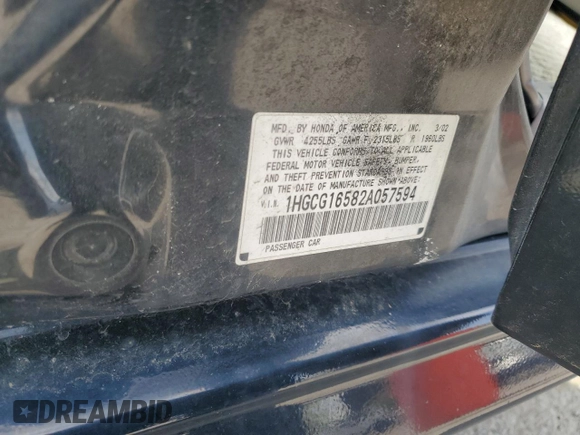 2002 Honda Accord EX z VIN 1HGCG16582A057594, wystawiony jako Copart lot #54874665 z przebiegiem 173 709 mil mil oraz Szkoda całkowita • Salvage title. Historia ofert i sprzedaży dostępna na DreamBid. Obrazek 12.