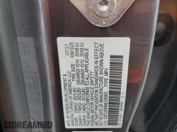 2021 Acura RDX w/A-Spec Package with VIN 5J8TC2H64ML035963, listed as a Copart auction lot 48218245 with 46,164 mi miles and Salvage Title. Bid and sale history available at carsss.com. Image 12.