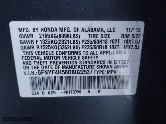 2013 Honda Pilot EX-L with VIN 5FNYF4H58DB022537, listed as a IAAI auction lot 41322521 with 142,499 mi miles. Bid and sale history available at carsss.com. Image 9.