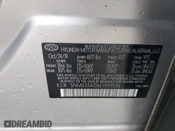 2020 Hyundai Santa Fe SEL w/SULEV with VIN 5NMS33AD6LH193536, listed as a Copart auction lot 47019635 with 98,930 mi miles and Salvage Title. Bid and sale history available at carsss.com. Image 13.