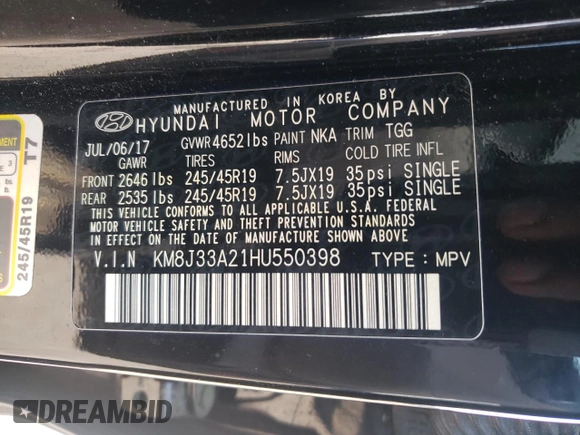 2017 Hyundai Tucson Sport z VIN KM8J33A21HU550398, wystawiony jako Copart lot #55043145 z przebiegiem 92 677 mil mil oraz Szkoda całkowita • Salvage title. Historia ofert i sprzedaży dostępna na DreamBid. Obrazek 13.