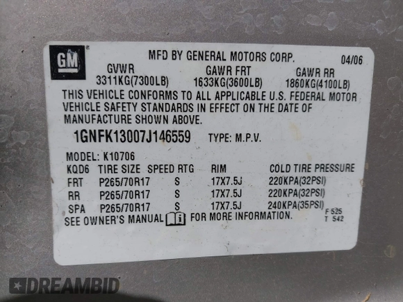 2007 Chevrolet Tahoe LT z VIN 1GNFK13007J146559, wystawiony jako IAAI lot #42686539 z przebiegiem 278 300 mil mil oraz . Historia ofert i sprzedaży dostępna na DreamBid. Obrazek 9.