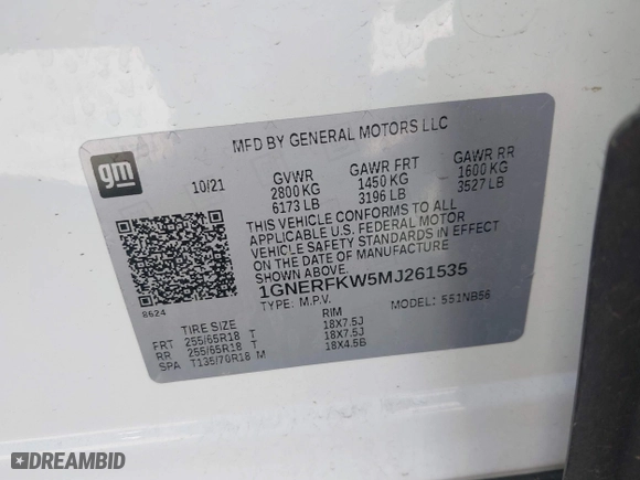 2021 Chevrolet Traverse LS with VIN 1GNERFKW5MJ261535, listed as a IAAI auction lot 41595403 with 60,967 mi miles. Bid and sale history available at carsss.com. Image 9.