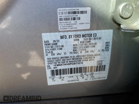 2023 Ford Explorer ST-Line with VIN 1FMSK7KH9PGB73219, listed as a Copart auction lot 41695975 with 12,172 mi miles and Salvage Title. Bid and sale history available at carsss.com. Image 16.