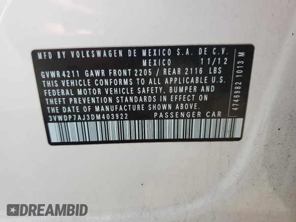 2013 Volkswagen Jetta SE с VIN 3VWDP7AJ3DM403922, выставлен на аукционе Copart как лот 60360605 с пробегом 130 806 миль миль и Списание • Salvage title. История ставок и продаж доступна на DreamBid. Изображение 12.