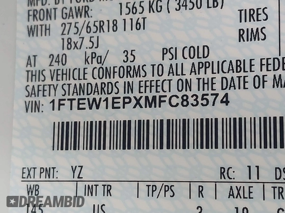2021 Ford F-150 XL with VIN 1FTEW1EPXMFC83574, listed as a IAAI auction lot 41694174 with 57,814 mi miles. Bid and sale history available at carsss.com. Image 9.