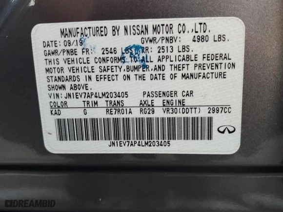 2020 Infiniti Q50 EDITION 30 with VIN JN1EV7AP4LM203405, listed as a Copart auction lot 89332675 with 38,767 mi miles and Clean Title. Bid and sale history available at carsss.com. Image 12.