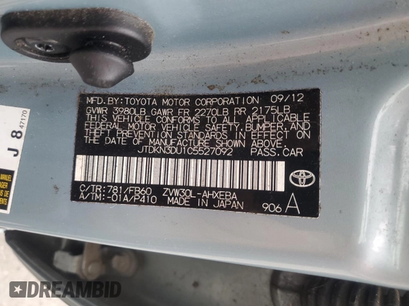 2012 Toyota Prius One z VIN JTDKN3DU1C5527092, wystawiony jako Copart lot #57863875 z przebiegiem 118 606 mil mil oraz Czysty tytuł • Clean title. Historia ofert i sprzedaży dostępna na DreamBid. Obrazek 12.