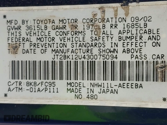 2003 Toyota Prius with VIN JT2BK12U430075094, listed as a IAAI auction lot 41725645 with 222,931 mi miles. Bid and sale history available at carsss.com. Image 9.