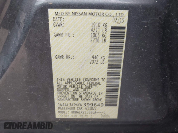 2015 Nissan Altima S with VIN 1N4AL3AP4FN399649, listed as a IAAI auction lot 42057416 with 102,156 mi miles and . Bid and sale history available at DreamBid. Image 9.