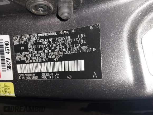 2014 Toyota Sienna LE with VIN 5TDJK3DC9ES071870, listed as a IAAI auction lot 41133491 with 82,134 mi miles. Bid and sale history available at carsss.com. Image 9.