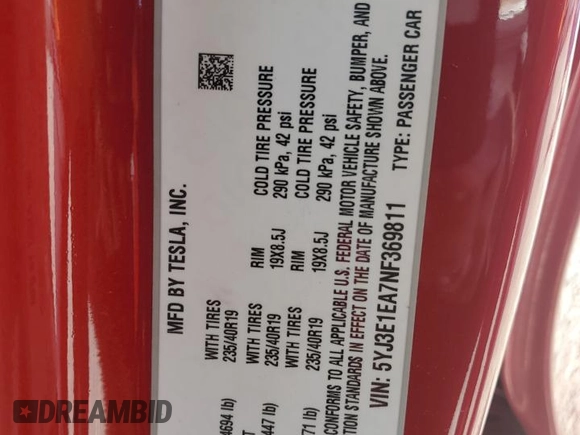 2022 Tesla Model 3 with VIN 5YJ3E1EA7NF369811, listed as a Copart auction lot 54386705 with 80,478 mi miles and Salvage Title. Bid and sale history available at DreamBid. Image 12.