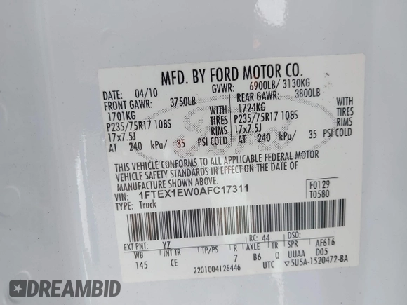 2010 Ford F-150 XL с VIN 1FTEX1EW0AFC17311, выставлен на аукционе IAAI как лот 41700579 с пробегом 87 460 миль миль и . История ставок и продаж доступна на DreamBid. Изображение 9.