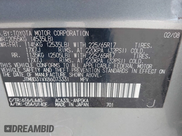 2008 Toyota RAV4 Limited with VIN JTMBD31VX86073331, listed as a IAAI auction lot 42270260 with 124,450 mi miles and . Bid and sale history available at DreamBid. Image 9.