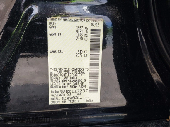 2013 Nissan Altima SL z VIN 1N4BL3AP1DC117237, wystawiony jako IAAI lot #42250551 z przebiegiem Nie podano mil oraz . Historia ofert i sprzedaży dostępna na DreamBid. Obrazek 9.