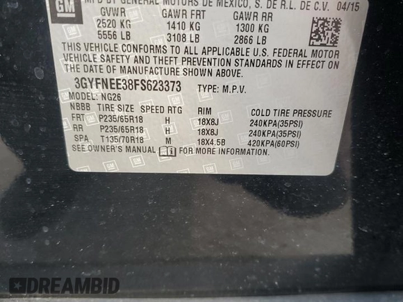 2015 Cadillac SRX Luxury Collection with VIN 3GYFNEE38FS623373, listed as a Copart auction lot 47342635 with 147,423 mi miles and Salvage Title. Bid and sale history available at DreamBid. Image 14.