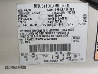 2005 Ford Explorer Limited with VIN 1FMDU75W75ZA09868, listed as a IAAI auction lot 42304705 with 213,776 mi miles and . Bid and sale history available at DreamBid. Image 9.