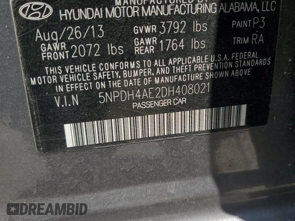 2013 Hyundai Elantra GLS with VIN 5NPDH4AE2DH408021, listed as a Copart auction lot 60660675 with 75,026 mi miles and Salvage title. Bid and sale history available at DreamBid. Image 12.