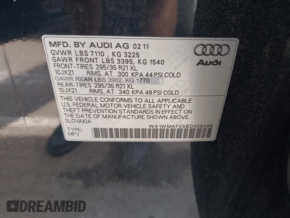 2011 Audi Q7 Prestige z VIN WA1WMAFE5BD008088, wystawiony jako IAAI lot #42262881 z przebiegiem 200 288 mil mil oraz . Historia ofert i sprzedaży dostępna na DreamBid. Obrazek 9.