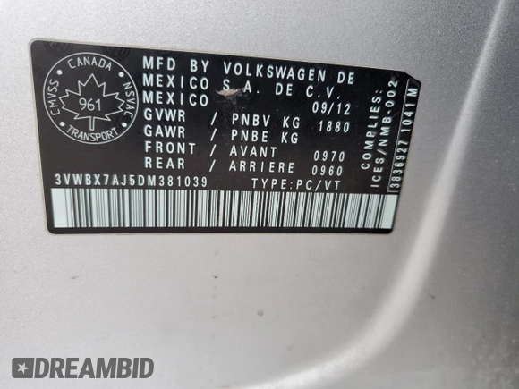 2013 Volkswagen Jetta SE z VIN 3VWBX7AJ5DM381039, wystawiony jako Copart lot #49706665 z przebiegiem 197 370 mil mil oraz Szkoda całkowita • Salvage title. Historia ofert i sprzedaży dostępna na DreamBid. Obrazek 12.