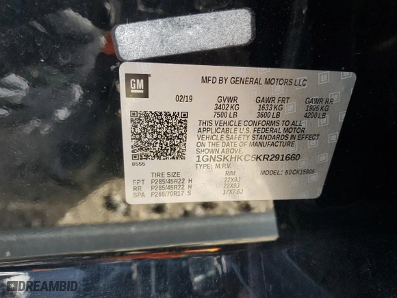2019 Chevrolet Suburban LT with VIN 1GNSKHKC5KR291660, listed as a Copart auction lot 51587645 with 107,786 mi miles and Salvage Title. Bid and sale history available at carsss.com. Image 15.
