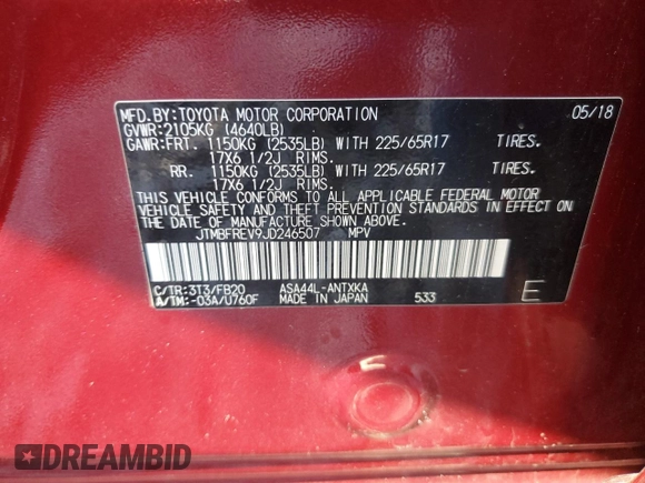2018 Toyota RAV4 LE with VIN JTMBFREV9JD246507, listed as a Copart auction lot 48917635 with Not Provided miles and Clean Title. Bid and sale history available at DreamBid. Image 13.