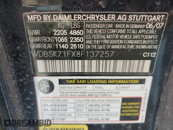 2008 Mercedes-Benz SL 550 z VIN WDBSK71FX8F137257, wystawiony jako Copart lot #76178034 z przebiegiem 28 123 mil mil oraz Nie do naprawy • Non repairable. Historia ofert i sprzedaży dostępna na DreamBid. Obrazek 13.