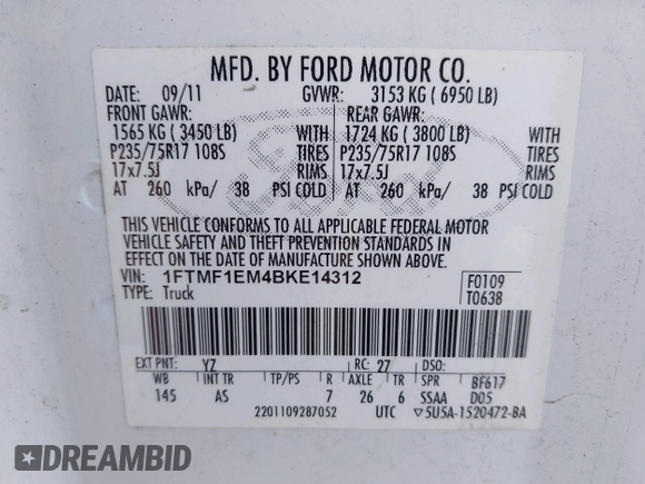 2011 Ford F-150 XL with VIN 1FTMF1EM4BKE14312, listed as a IAAI auction lot 41700715 with 269,462 mi miles and . Bid and sale history available at DreamBid. Image 9.