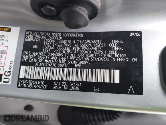 2007 Lexus GX 470 with VIN JTJBT20X870128907, listed as a IAAI auction lot 41997879 with 239,486 mi miles and . Bid and sale history available at DreamBid. Image 9.