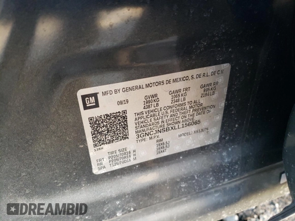 2020 Chevrolet Trax LS with VIN 3GNCJNSBXLL156065, listed as a Copart auction lot 43982225 with 70,108 mi miles and Salvage Title. Bid and sale history available at carsss.com. Image 14.